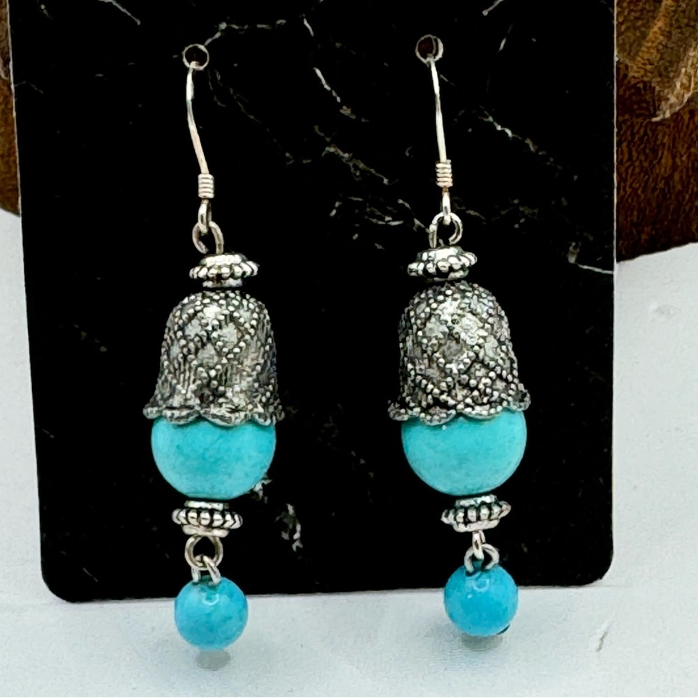 Vintage turquoise and silver ornate bead cap dangle earrings